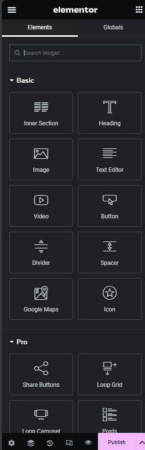 Elementor New Page Sidebar