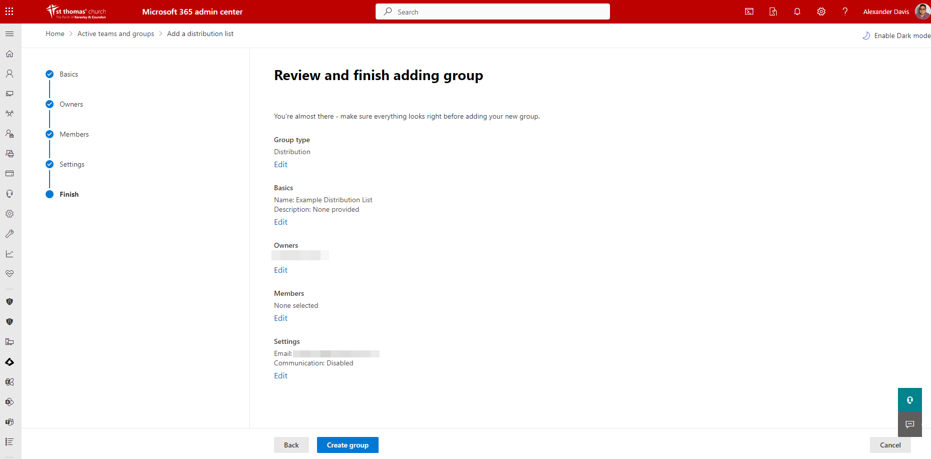 Add new Distribution List Confirm Details screen