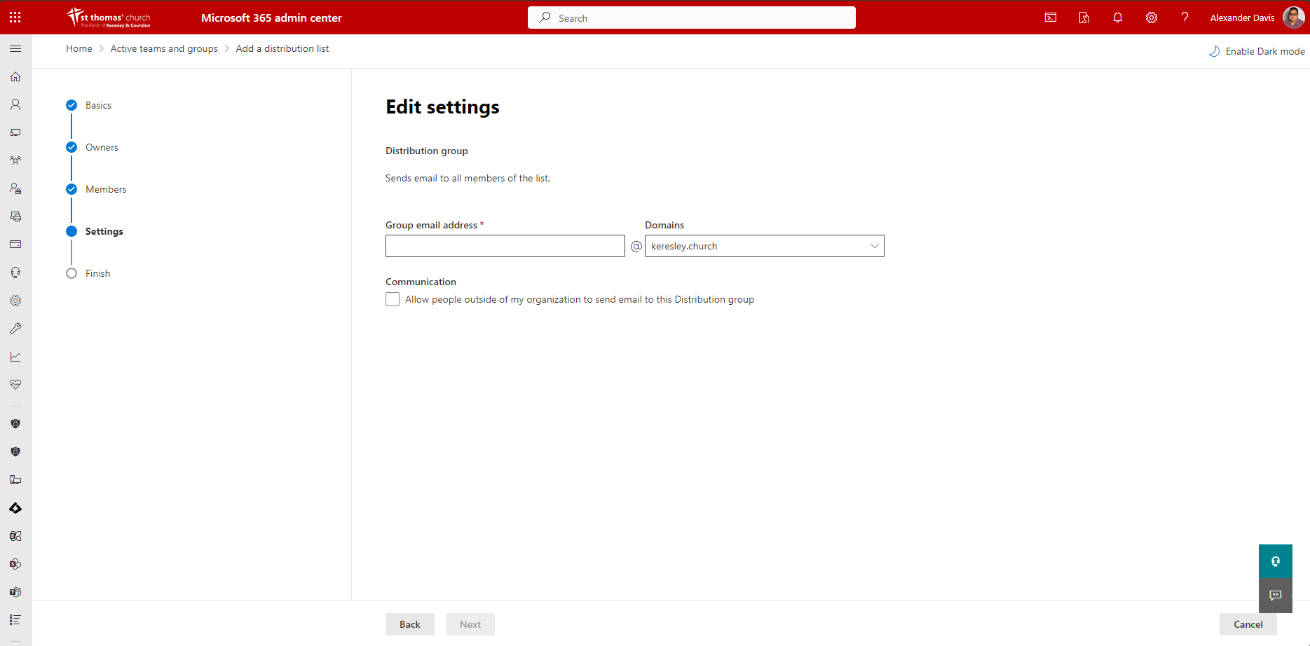 Add new Distribution List Email Address screen