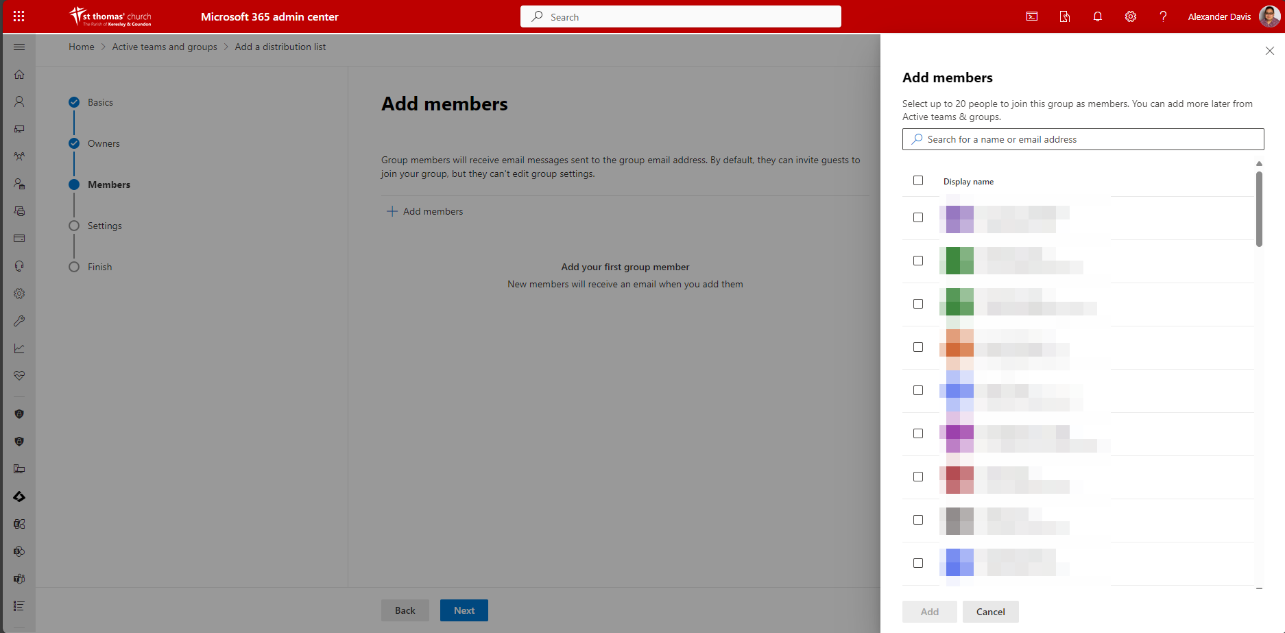 Add new Distribution List Add Members screen