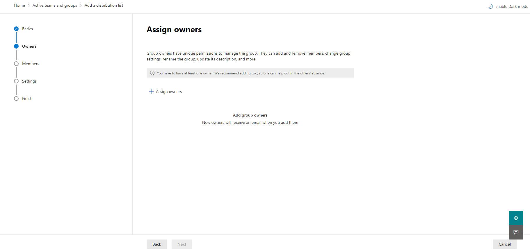 Add new Distribution List Add Owners screen